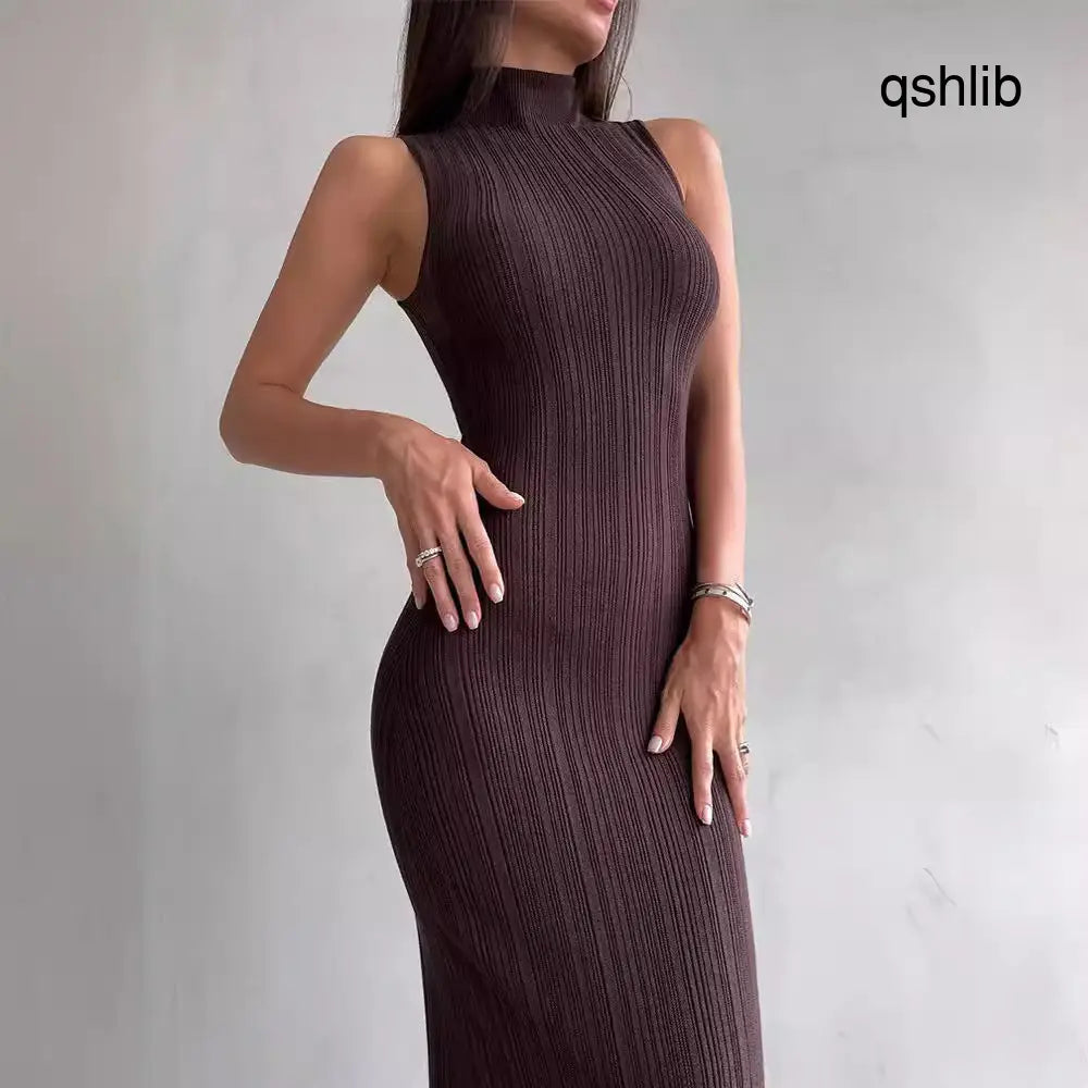 Knitted Turtleneck Sleeveless Midi Dress Elegant French Dress - dress