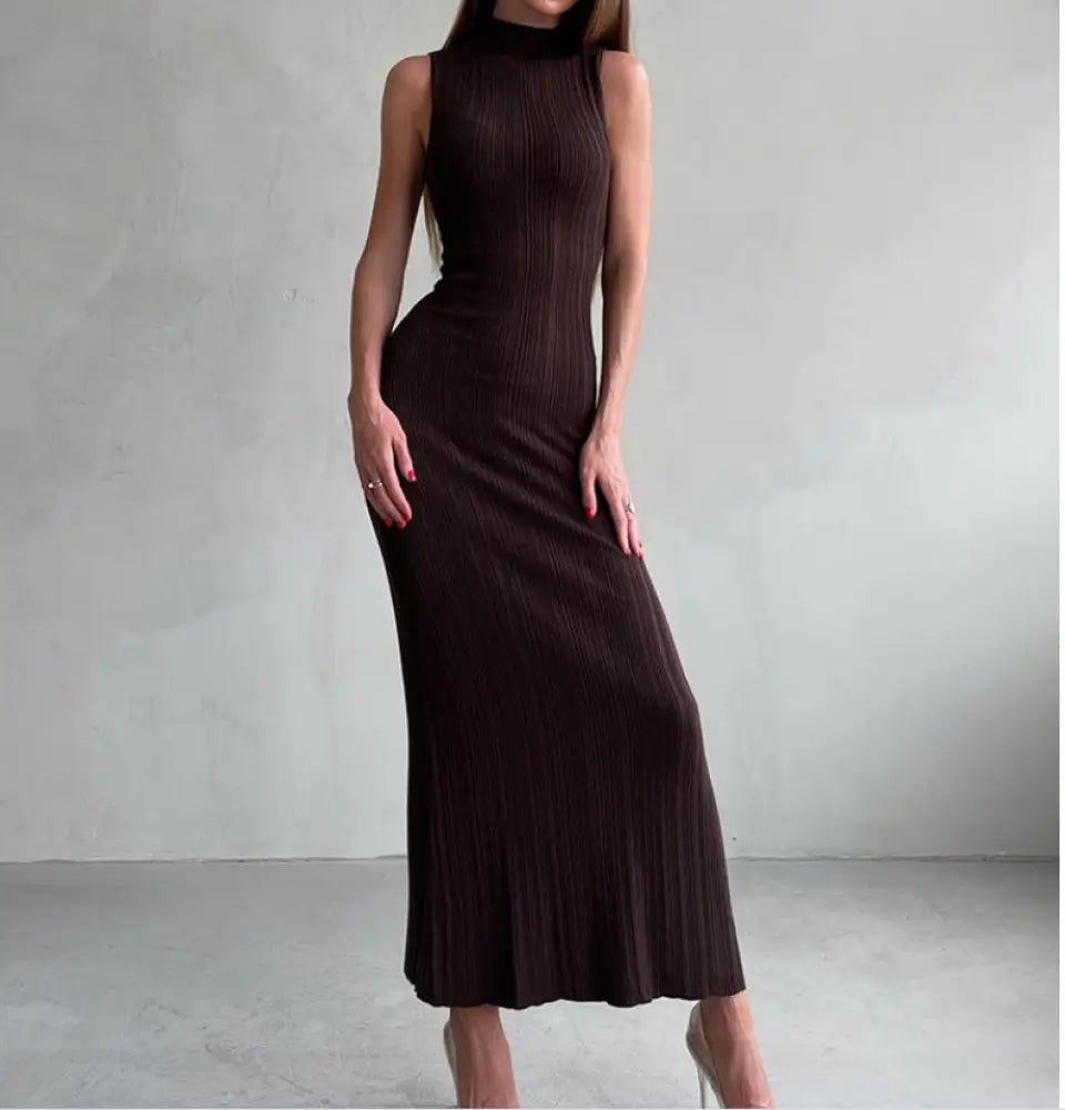 Knitted Turtleneck Sleeveless Midi Dress Elegant French Dress - dress