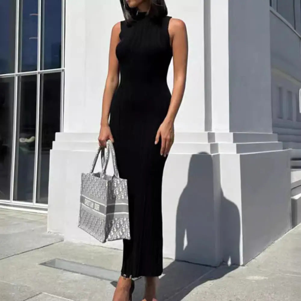 Knitted Turtleneck Sleeveless Midi Dress Elegant French Dress - dress
