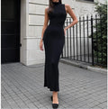 Knitted Turtleneck Sleeveless Midi Dress Elegant French Dress - Black / L - dress