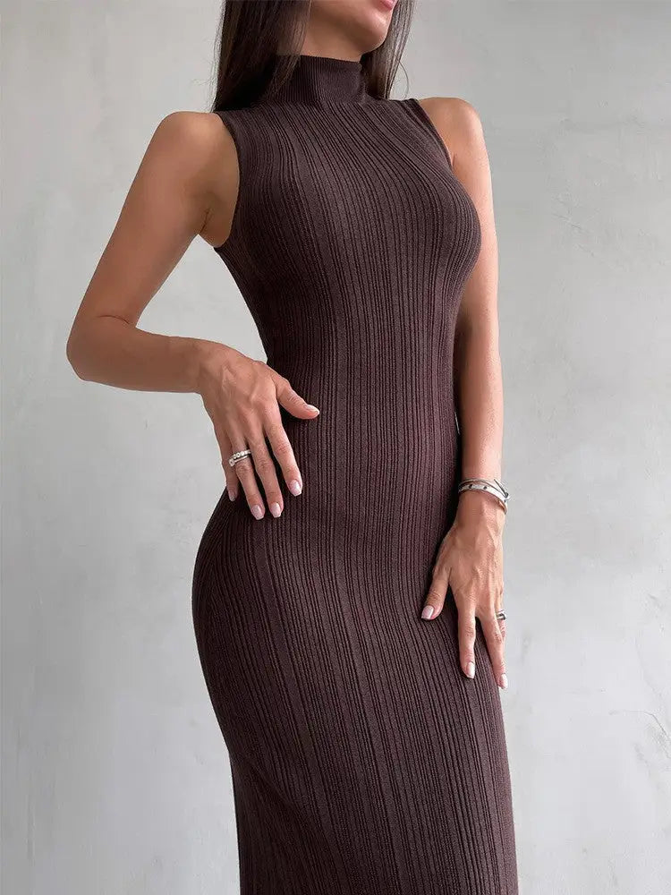 Knitted Turtleneck Sleeveless Midi Dress Elegant French Dress - Brown / L - dress