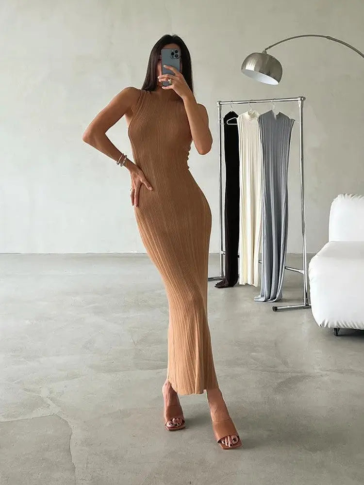 Knitted Turtleneck Sleeveless Midi Dress Elegant French Dress - Khaki / L - dress