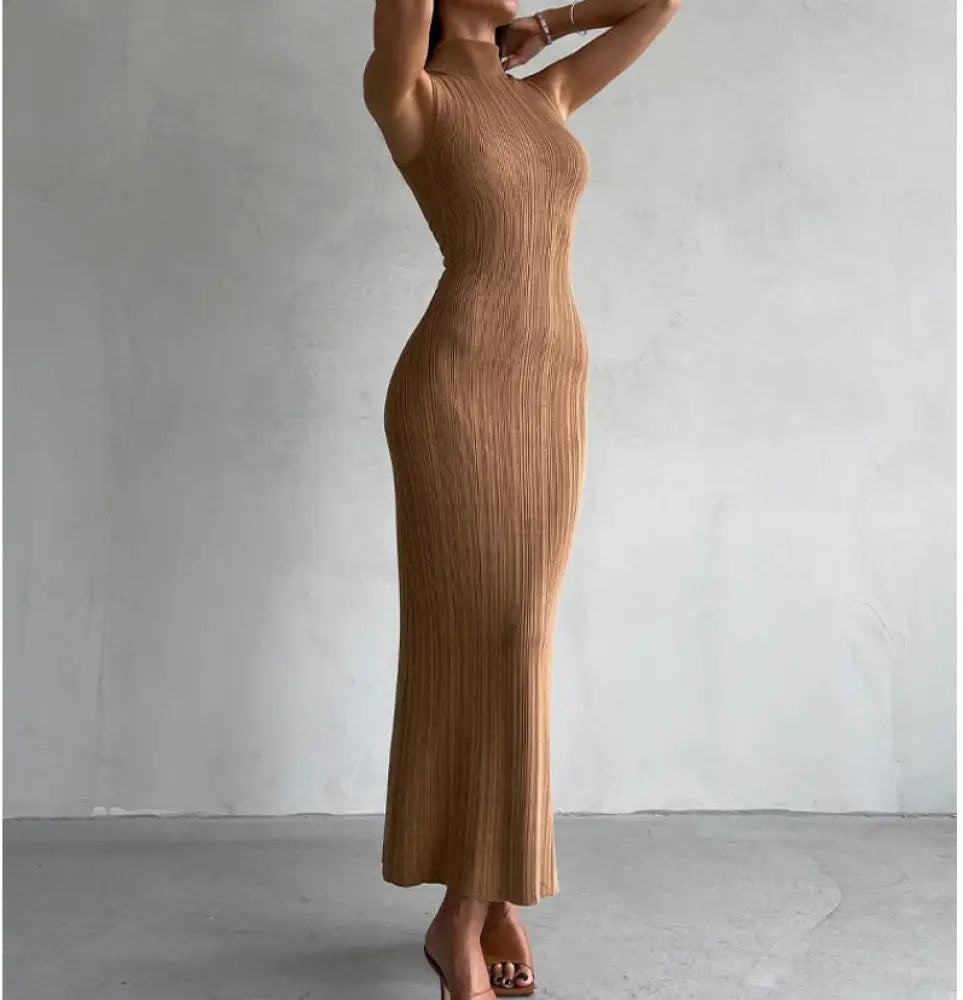 Knitted Turtleneck Sleeveless Midi Dress Elegant French Dress - Khaki / XL - dress