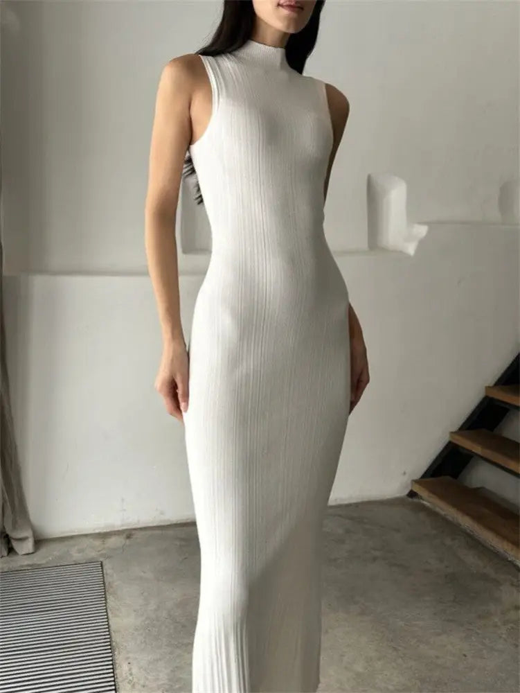 Knitted Turtleneck Sleeveless Midi Dress Elegant French Dress - White / L - dress
