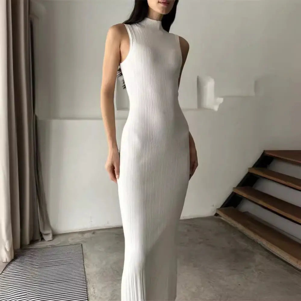 Knitted Turtleneck Sleeveless Midi Dress Elegant French Dress - White / XL - dress