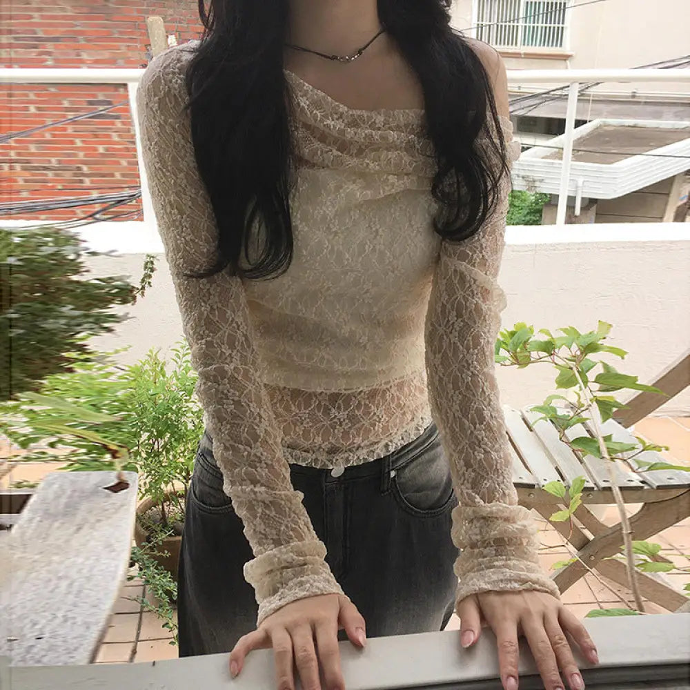 Pure Lace Long Sleeve Women Blouse Top - blouse