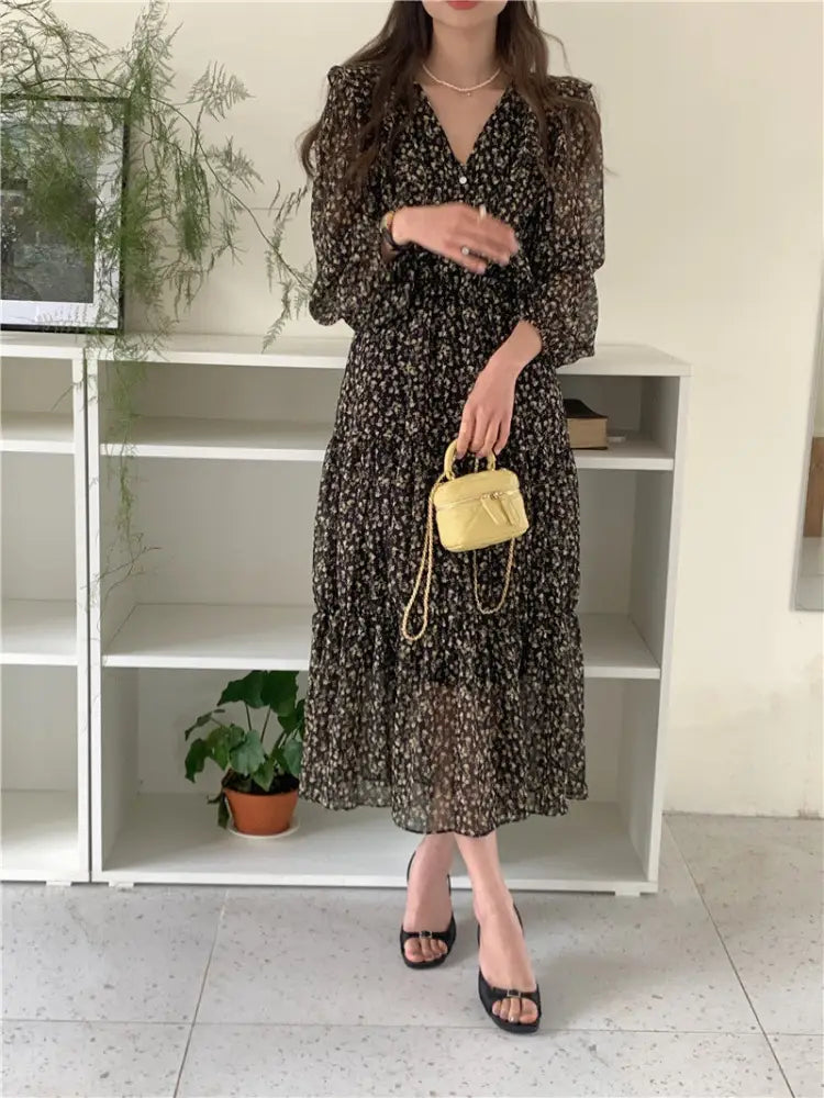Retro Elegance Chiffon Midi Dress - dress
