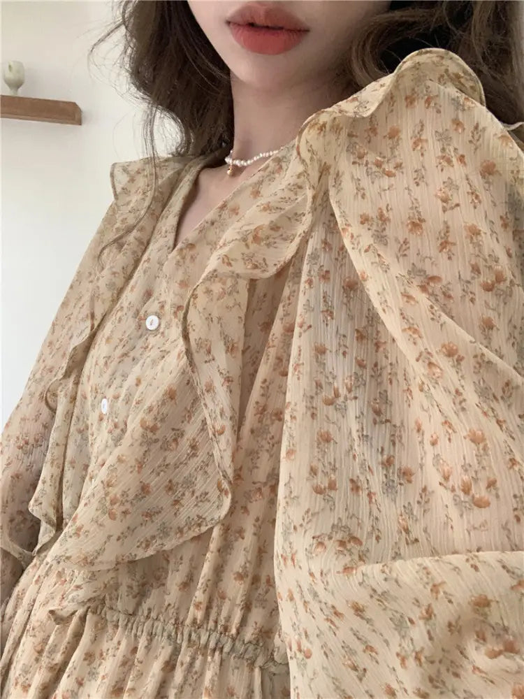Retro Elegance Chiffon Midi Dress - dress