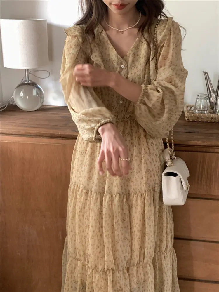 Retro Elegance Chiffon Midi Dress - dress