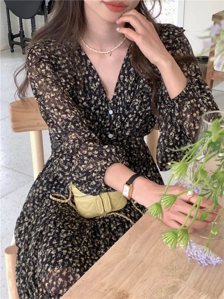 Retro Elegance Chiffon Midi Dress - dress