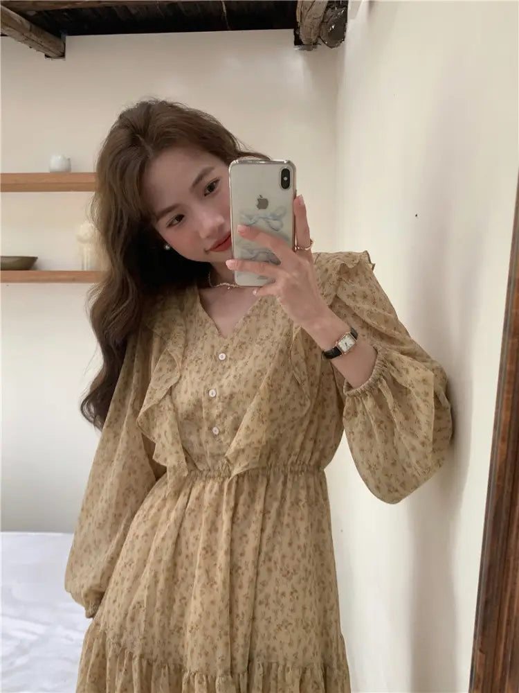 Retro Elegance Chiffon Midi Dress - dress