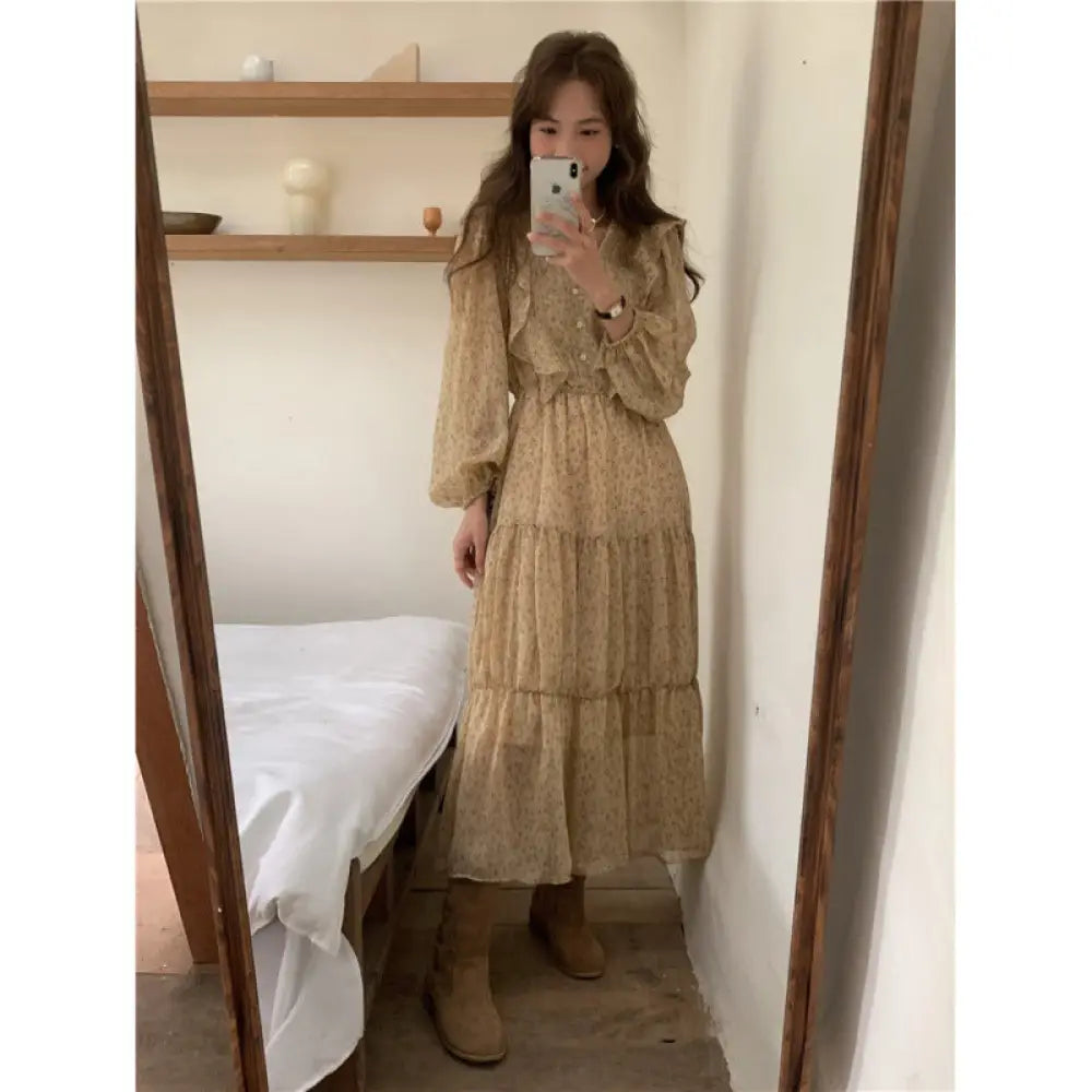 Retro Elegance Chiffon Midi Dress - Beige / Free Size - dress
