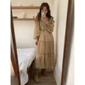 Retro Elegance Chiffon Midi Dress - Beige / Free Size - dress