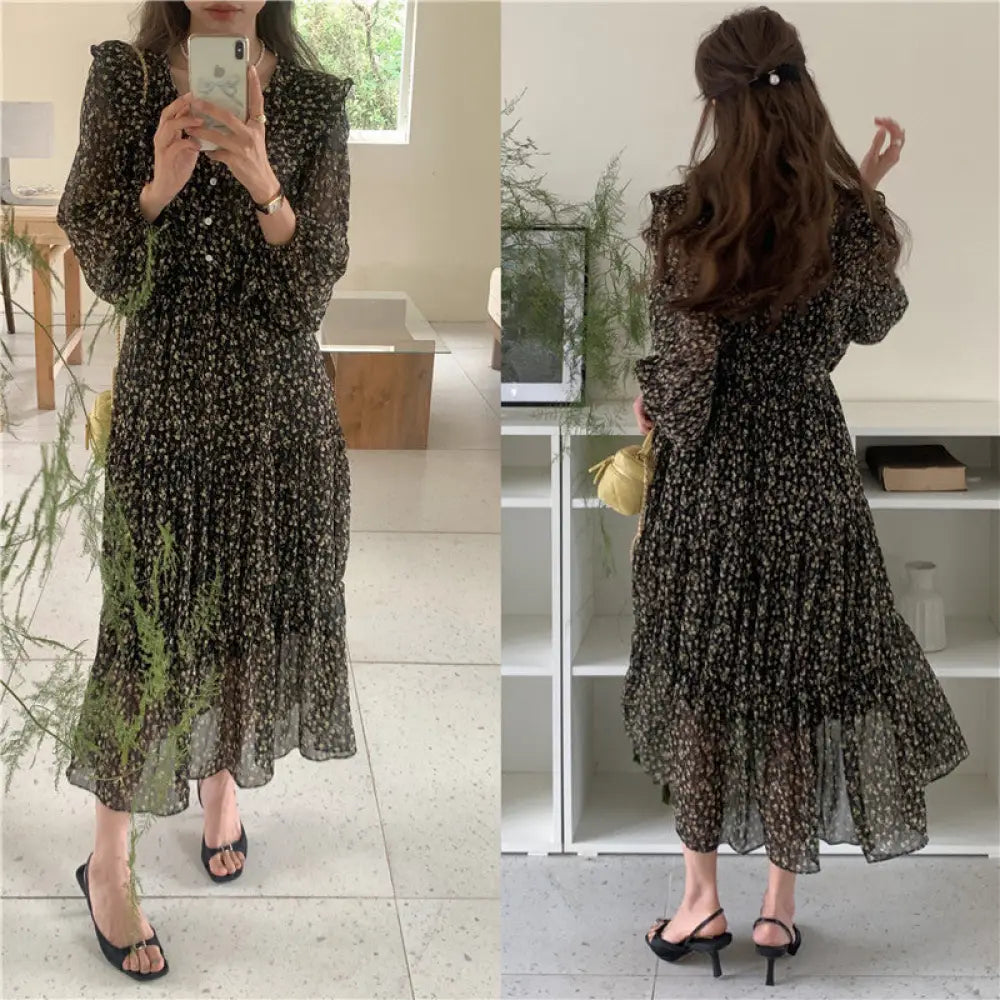 Retro Elegance Chiffon Midi Dress - Black / Free Size - dress