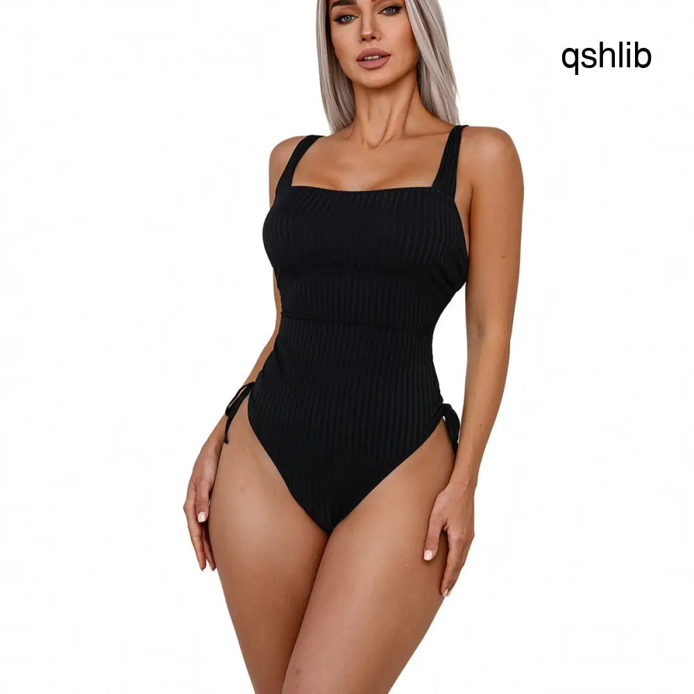 Ribbed Square Neck One Piece Swimsuit For Women Adjustable Side Tie High Cut Bathing Suit Slimming Black Swimwear