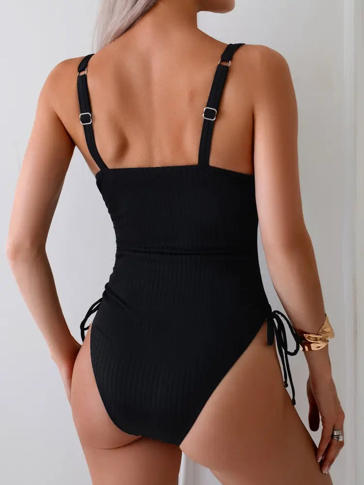 Ribbed Square Neck One Piece Swimsuit For Women Adjustable Side Tie High Cut Bathing Suit Slimming Black Swimwear