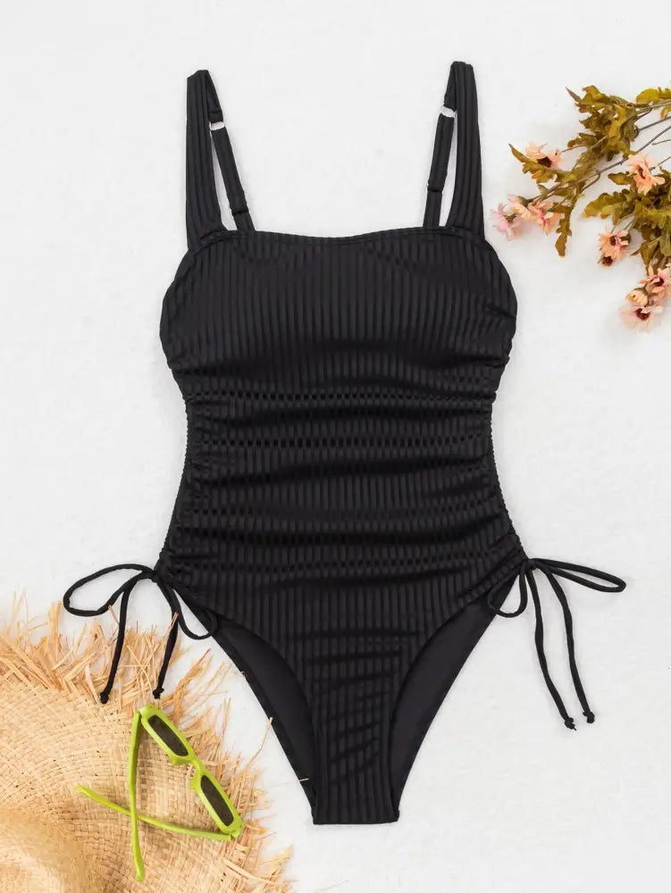 Ribbed Square Neck One Piece Swimsuit For Women Adjustable Side Tie High Cut Bathing Suit Slimming Black Swimwear
