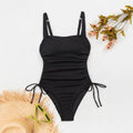 Ribbed Square Neck One Piece Swimsuit For Women Adjustable Side Tie High Cut Bathing Suit Slimming Black Swimwear - L