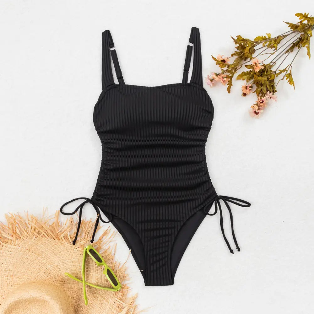 Ribbed Square Neck One Piece Swimsuit For Women Adjustable Side Tie High Cut Bathing Suit Slimming Black Swimwear - L