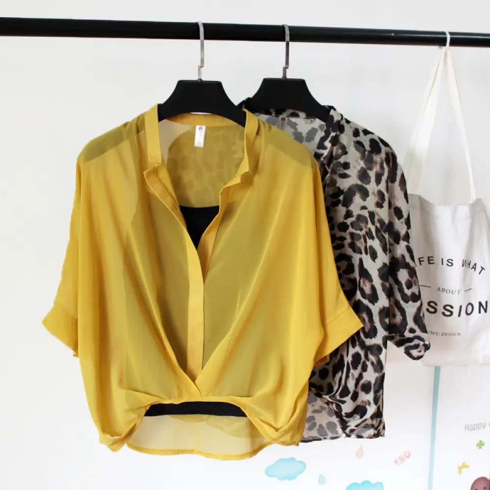 Seven-point Bat-sleeve Leopard-print Chiffon Shirt Summer Blouse Women - blouse