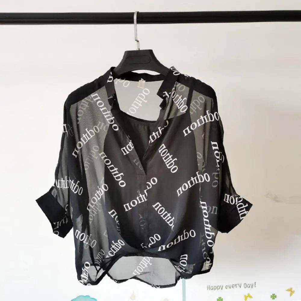 Seven-point Bat-sleeve Leopard-print Chiffon Shirt Summer Blouse Women - Black letters / One size - blouse