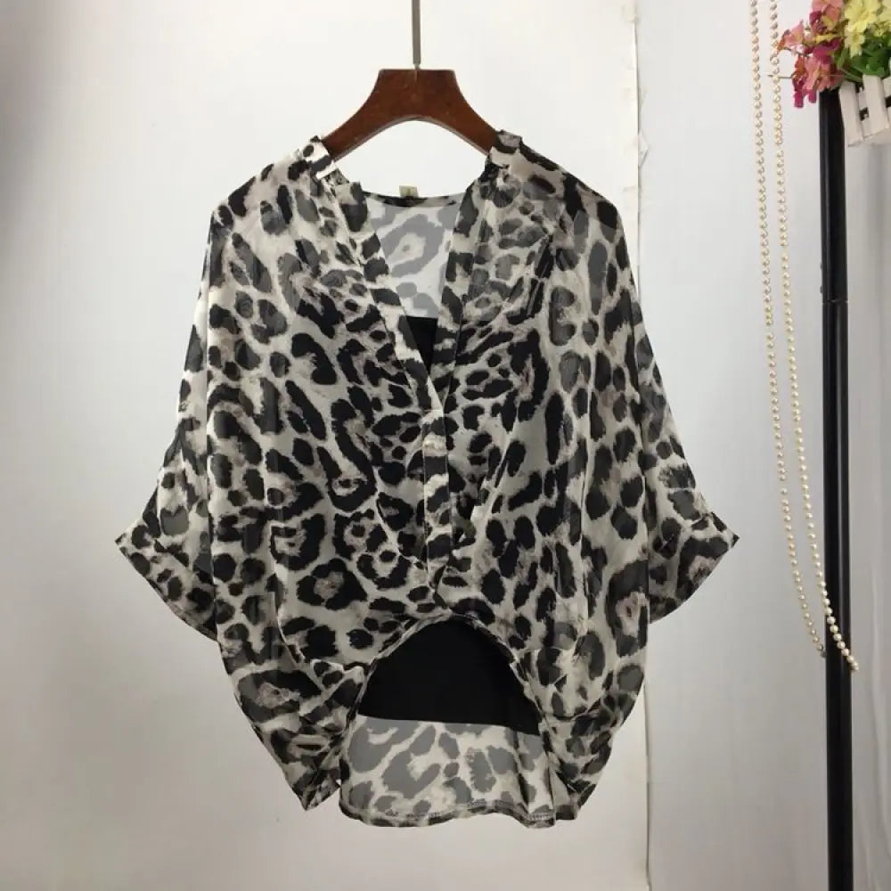 Seven-point Bat-sleeve Leopard-print Chiffon Shirt Summer Blouse Women - Black leopard / One size - blouse