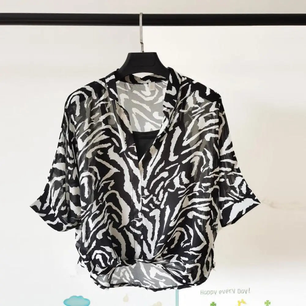 Seven-point Bat-sleeve Leopard-print Chiffon Shirt Summer Blouse Women - Black zebra pattern / One size - blouse