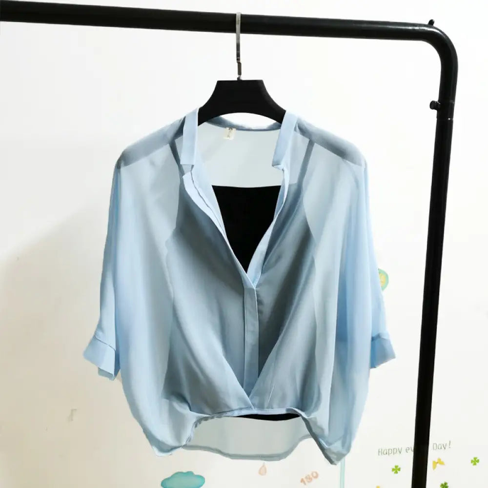 Seven-point Bat-sleeve Leopard-print Chiffon Shirt Summer Blouse Women - Blue / One size - blouse