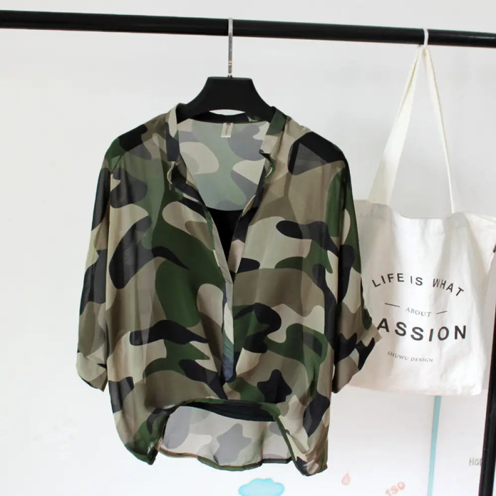Seven-point Bat-sleeve Leopard-print Chiffon Shirt Summer Blouse Women - Camouflage / One size - blouse