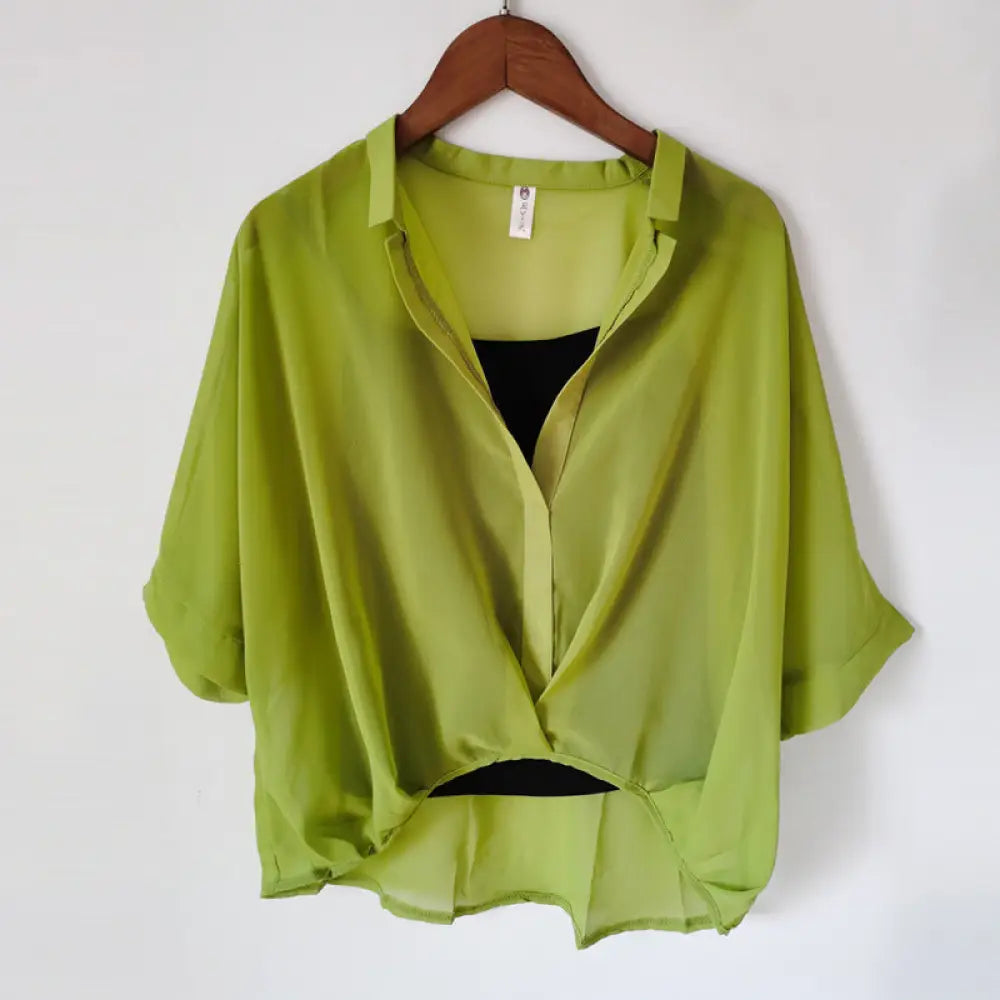 Seven-point Bat-sleeve Leopard-print Chiffon Shirt Summer Blouse Women - Green / One size - blouse