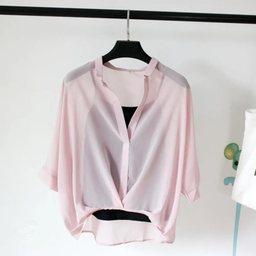 Seven-point Bat-sleeve Leopard-print Chiffon Shirt Summer Blouse Women - Pink / One size - blouse