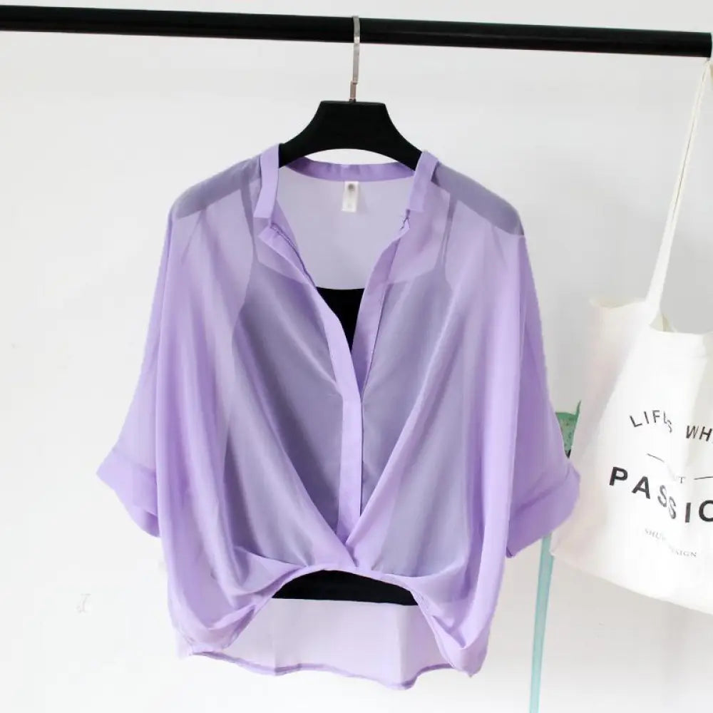 Seven-point Bat-sleeve Leopard-print Chiffon Shirt Summer Blouse Women - Purple / One size - blouse