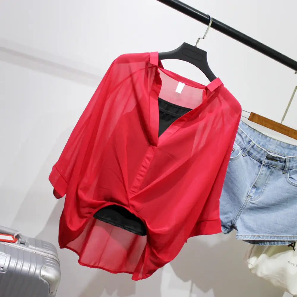 Seven-point Bat-sleeve Leopard-print Chiffon Shirt Summer Blouse Women - Red / One size - blouse