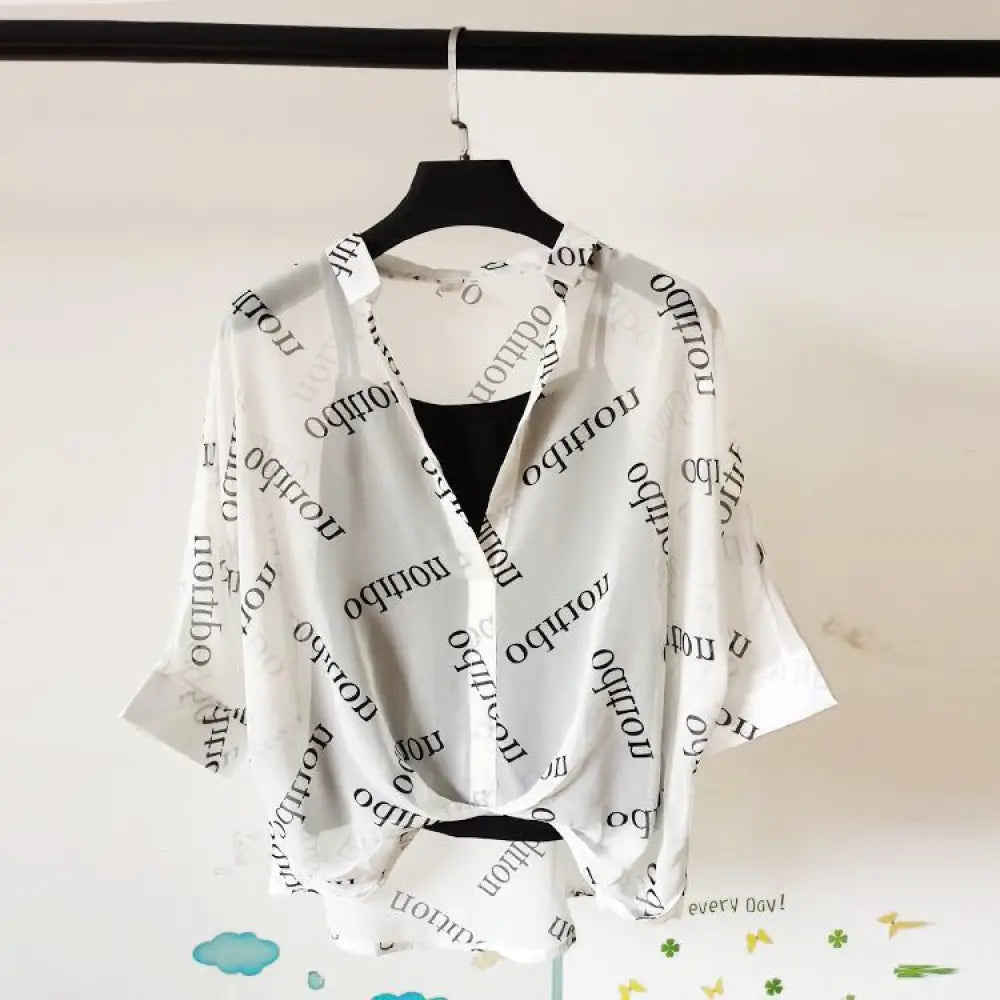 Seven-point Bat-sleeve Leopard-print Chiffon Shirt Summer Blouse Women - White letters / One size - blouse