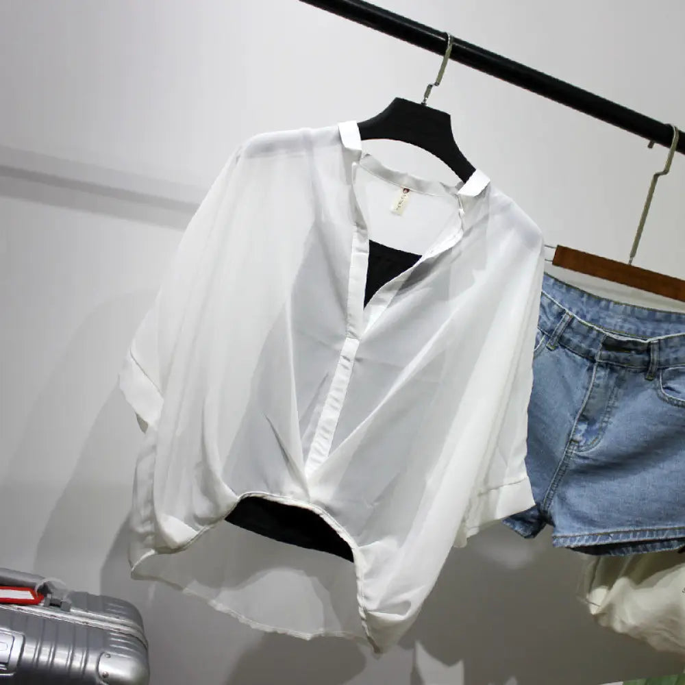 Seven-point Bat-sleeve Leopard-print Chiffon Shirt Summer Blouse Women - White / One size - blouse