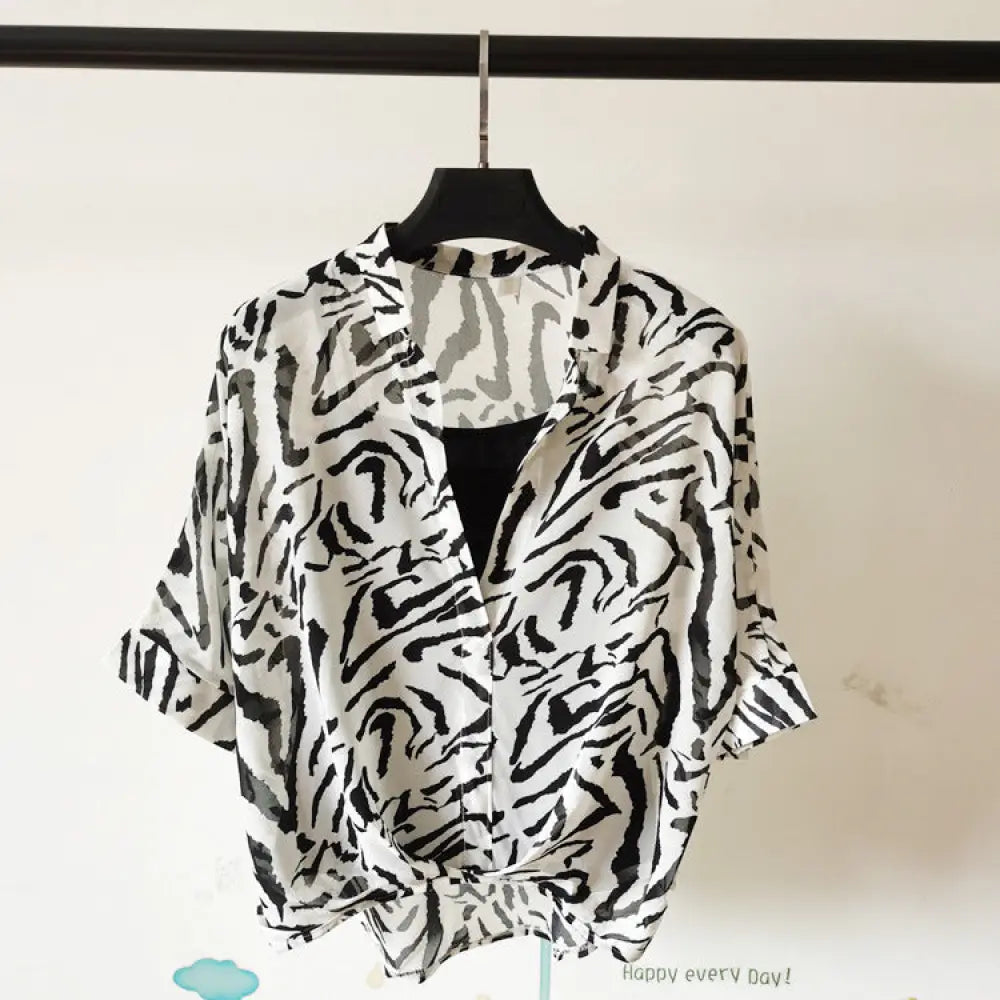 Seven-point Bat-sleeve Leopard-print Chiffon Shirt Summer Blouse Women - White zebra pattern / One size - blouse