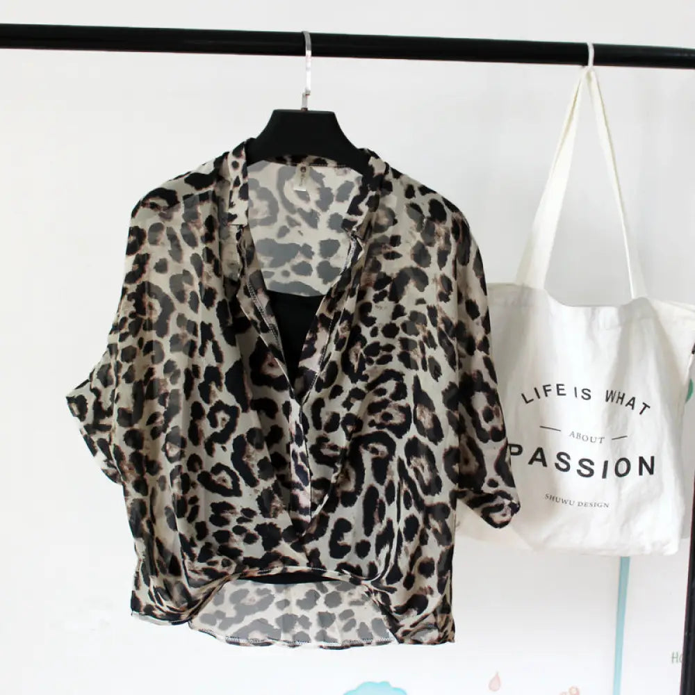 Seven-point Bat-sleeve Leopard-print Chiffon Shirt Summer Blouse Women - Yellow Leopard / One size - blouse