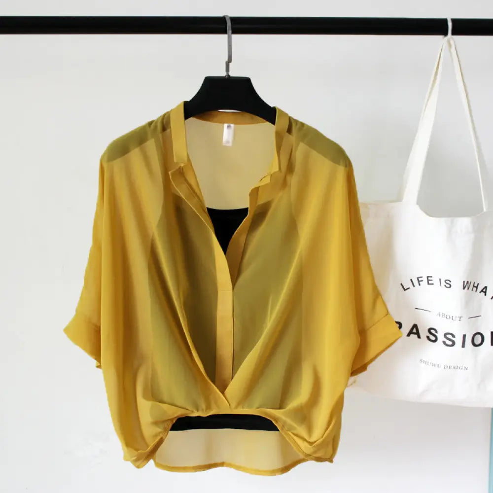 Seven-point Bat-sleeve Leopard-print Chiffon Shirt Summer Blouse Women - Yellow / One size - blouse