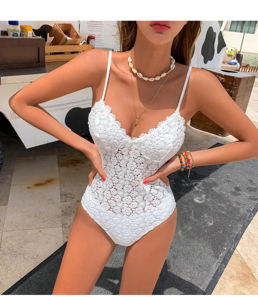Sexy One-Piece Swimsuit Women Embroidered Knitted One-Piece Swimsuit Bikini - swimwear