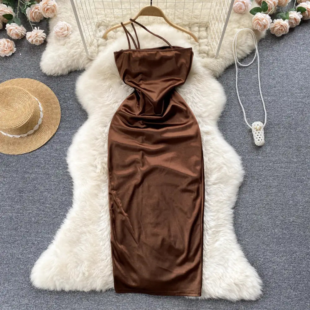 Sling Pack Hip Midi Slit Satin Dress - dress