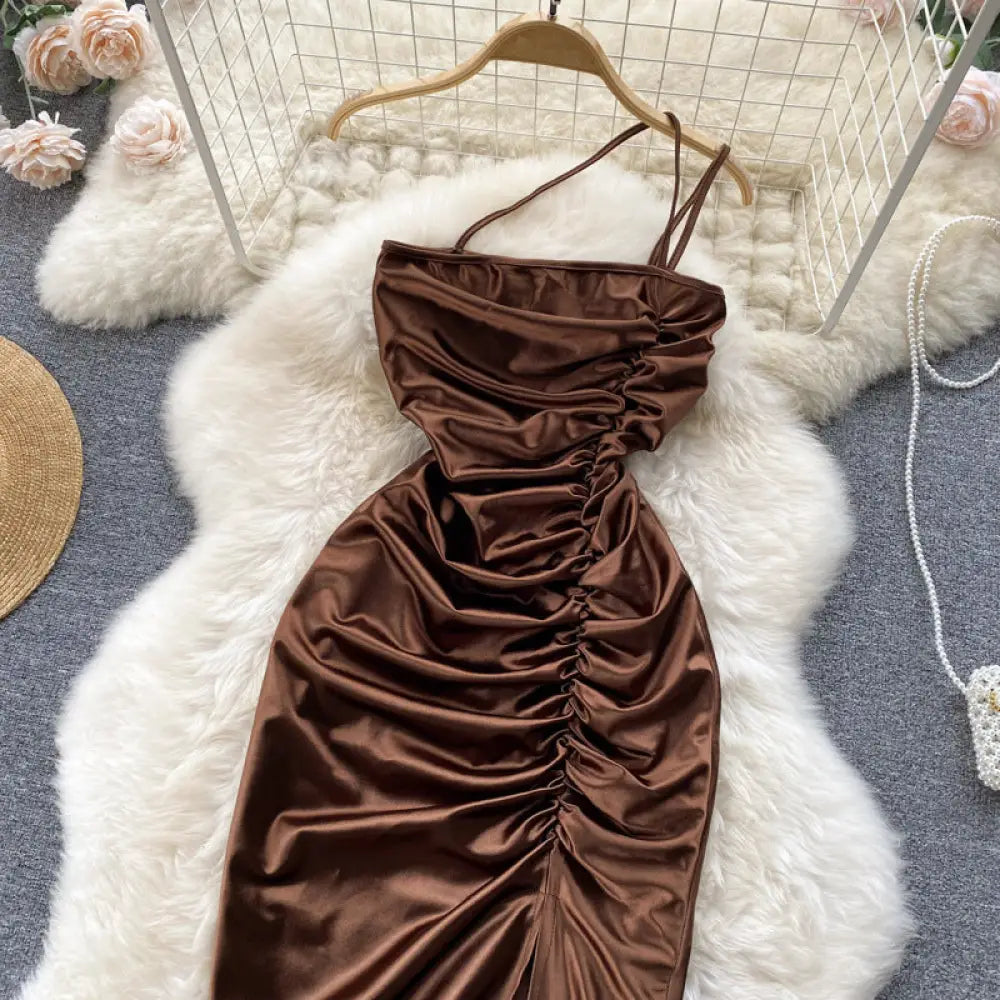 Sling Pack Hip Midi Slit Satin Dress - dress