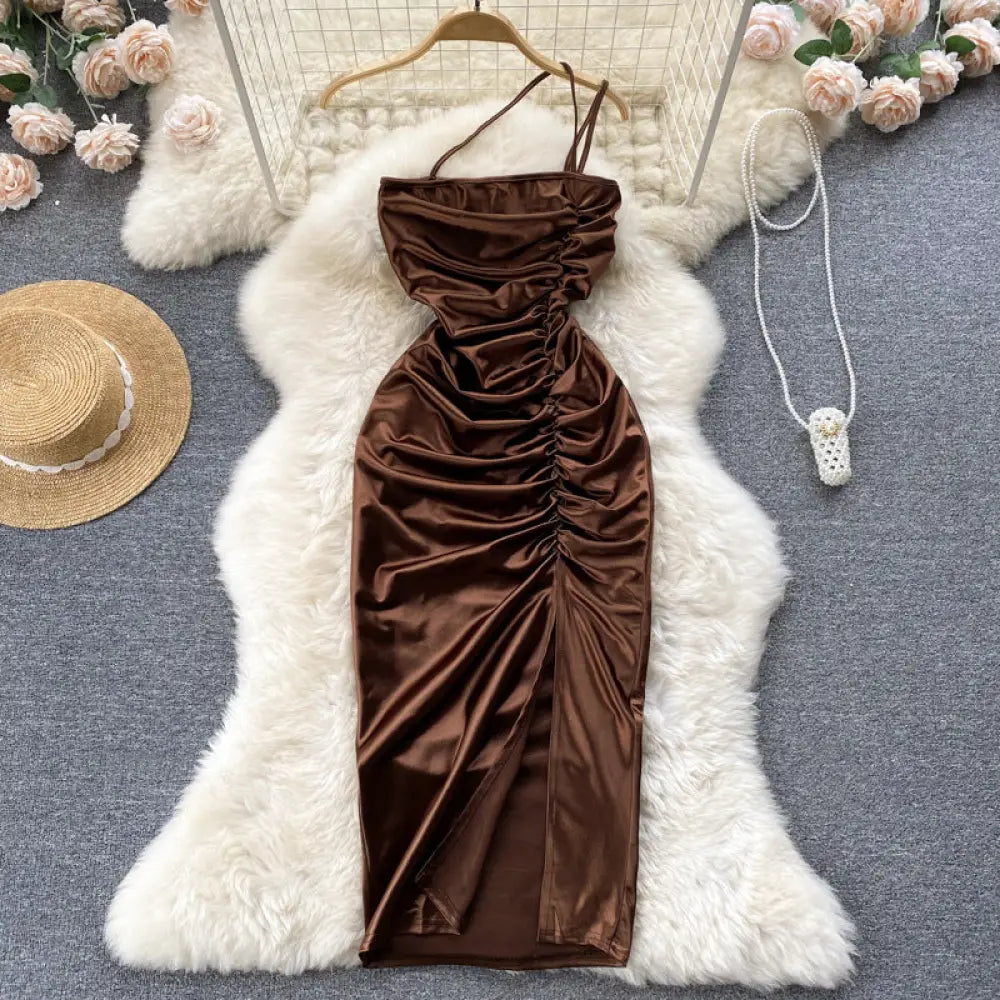Sling Pack Hip Midi Slit Satin Dress - dress