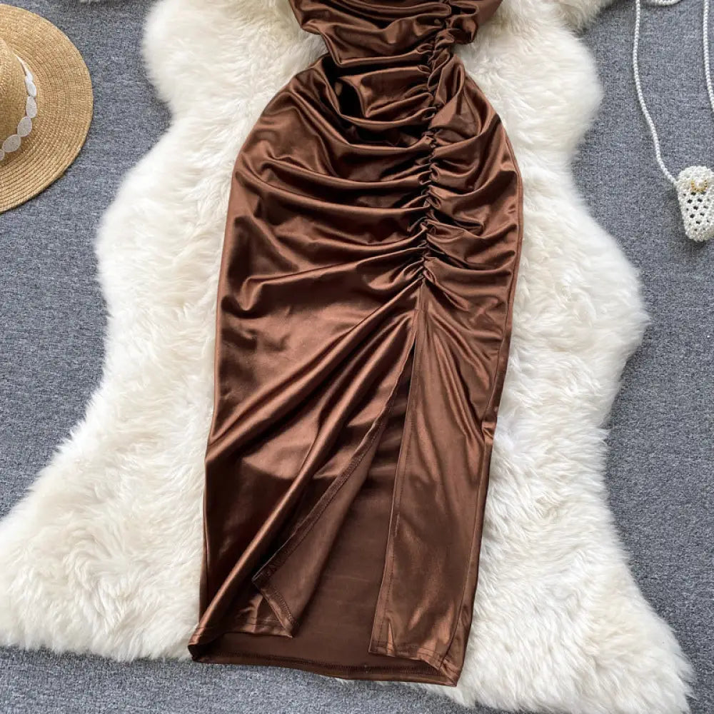 Sling Pack Hip Midi Slit Satin Dress - dress