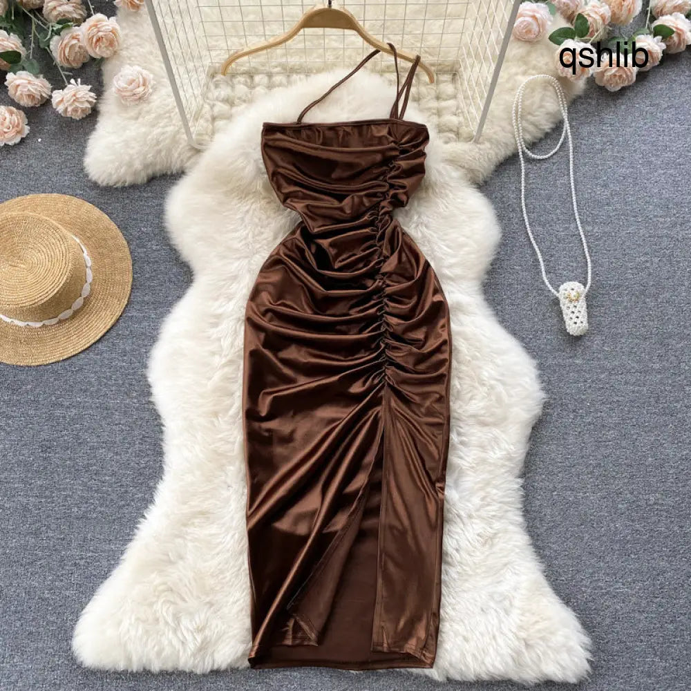 Sling Pack Hip Midi Slit Satin Dress - dress