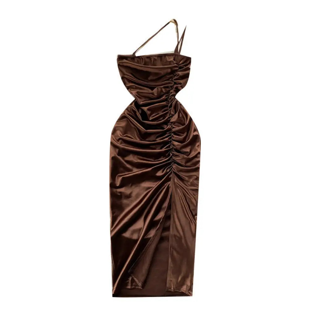 Sling Pack Hip Midi Slit Satin Dress - Coffee / L - dress