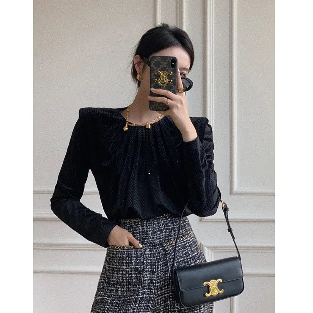 Temperament Velvet Shoulder Pads Pullover Blouse Women - blouse