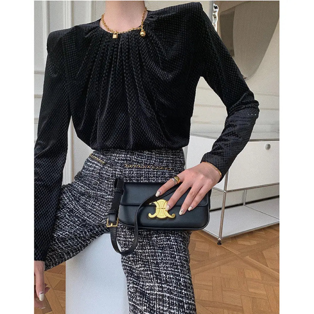 Temperament Velvet Shoulder Pads Pullover Blouse Women - Black / M - blouse