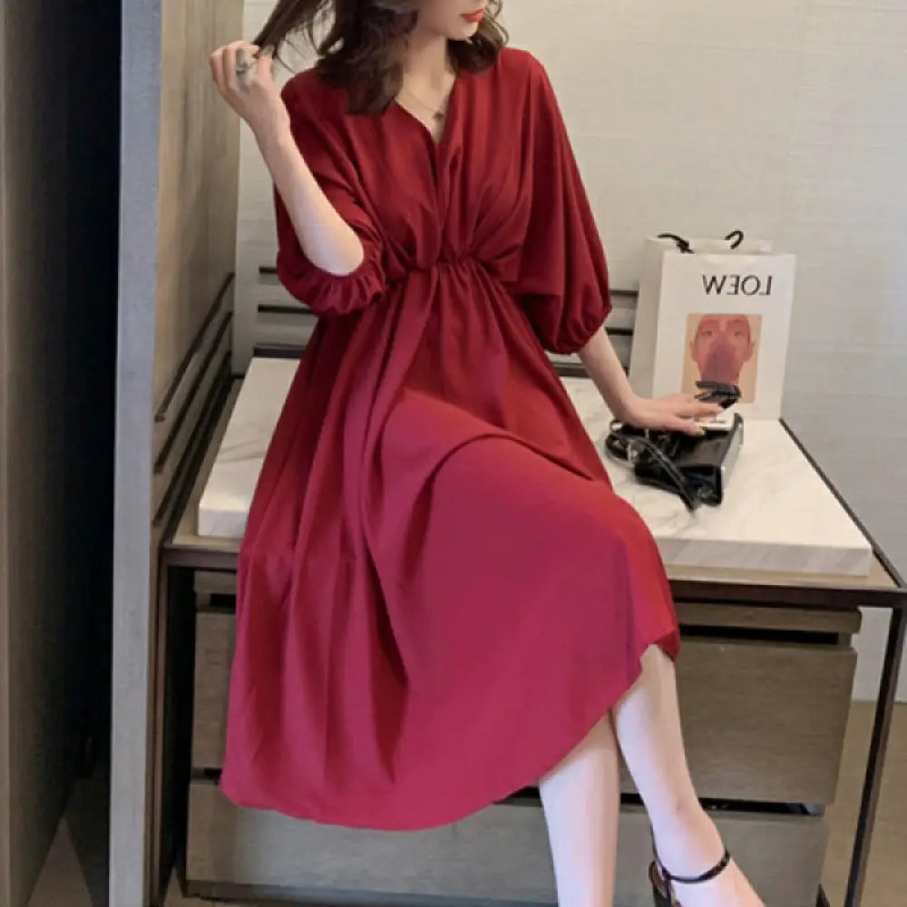 V-neck Blouse Dress Women Chiffon Mid-length - blouse