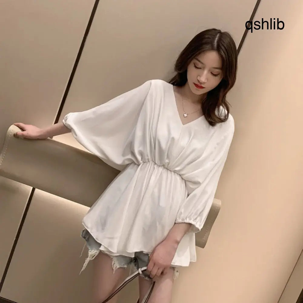 V-neck Blouse Dress Women Chiffon Mid-length - White / 2XL - blouse