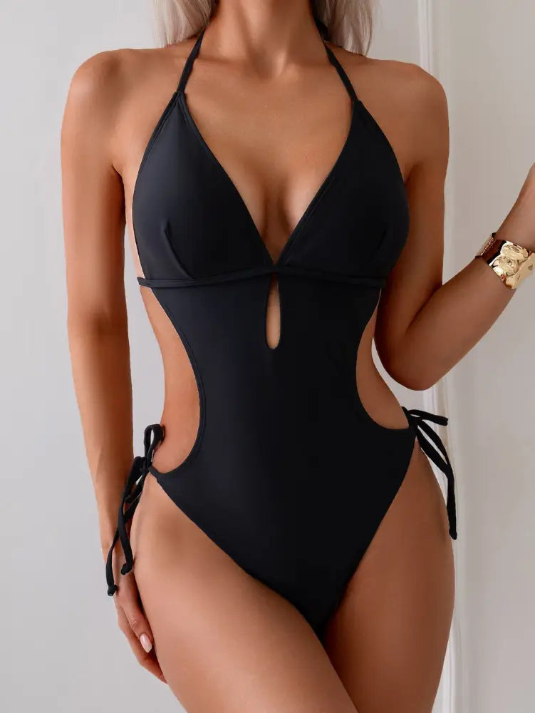 Women Halter Cutout One Piece Swimsuit Deep V Keyhole Side Cut Out Adjustable Tie High Cut Bathing Suit Black Slim